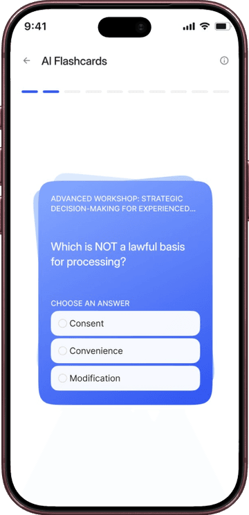 AI flashcards on an iPhone: a question card with answer choices.