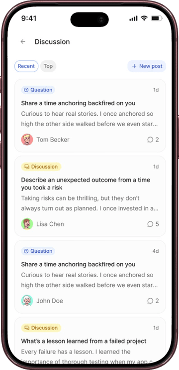 Course discussions on an iPhone: questions and discussion posts from learners.