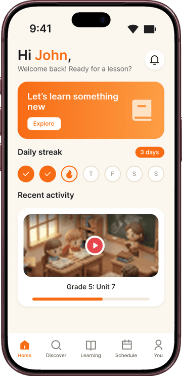 The app for young learners on an iPhone: Hi John, a daily streak of 3 days, and recent activity with Grade 5, Unit 7 at 60% progress.