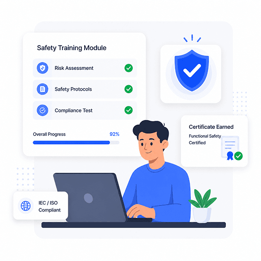 Functional safety training dashboard — cohorts, certificates, and IEC/ISO compliance reporting in Blend-ed