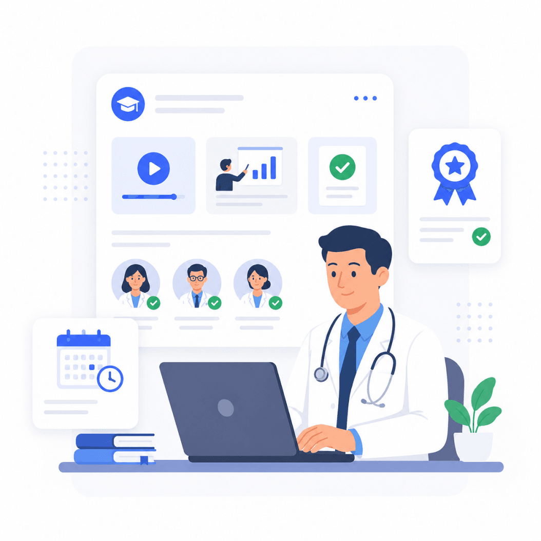 AI-powered CME LMS dashboard — accredited activity authoring, multi-credit certificates, and physician cohorts in Blend-ed