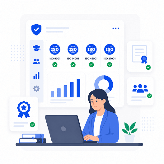 ISO training companies LMS dashboard — ISO 9001, ISO 14001, ISO 45001, and ISO 27001 cohorts and certificates in Blend-ed