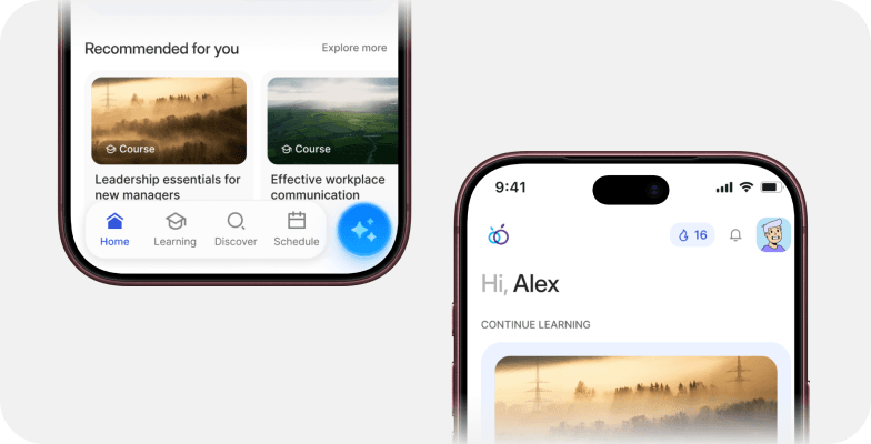 Your branded app on two phones: recommended courses and continue learning.