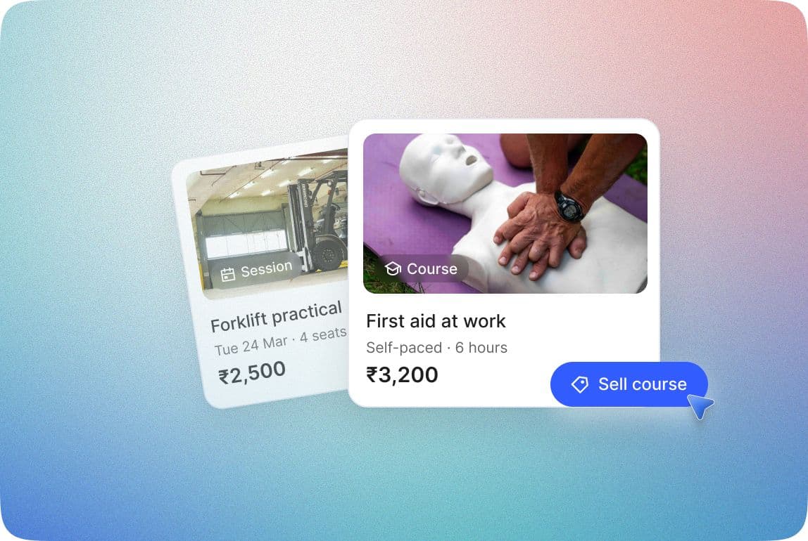 A course card for First aid at work at ₹3,200 in front of a Forklift practical session card at ₹2,500, with a Sell course button.