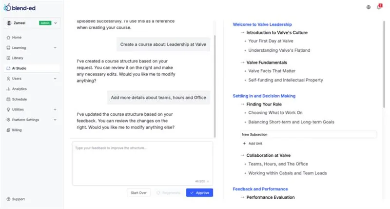 Blend-ed AI Studio building a course structure from a chat prompt, with the generated outline shown alongside