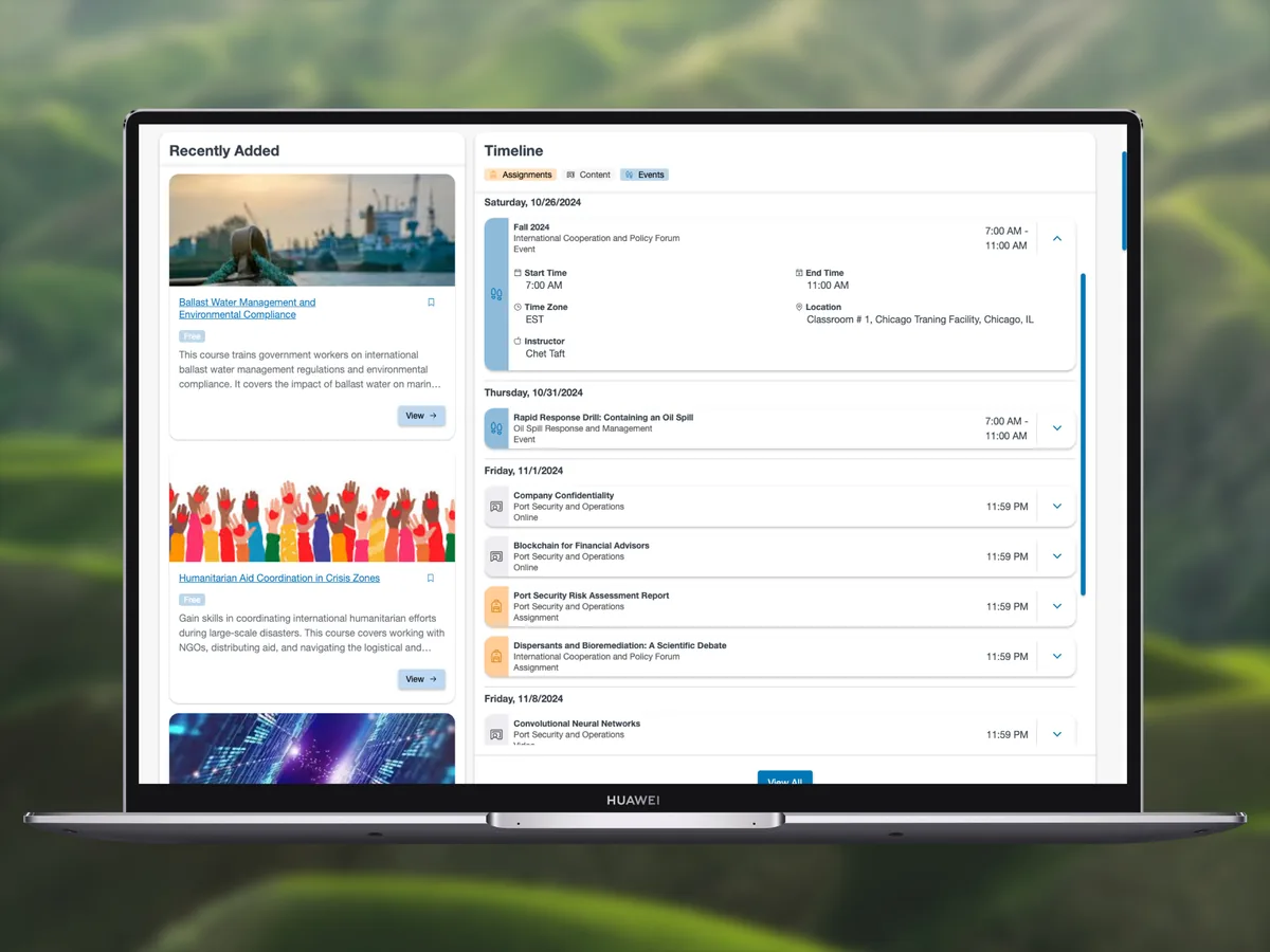Government learning platform dashboard showing recently added courses and a timeline of assignments, content and events