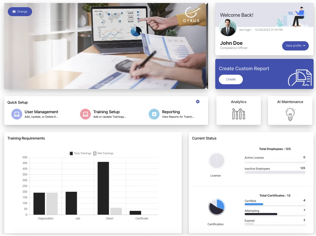 GyrusAim dashboard showing training requirements, certification status and quick setup options for administrators