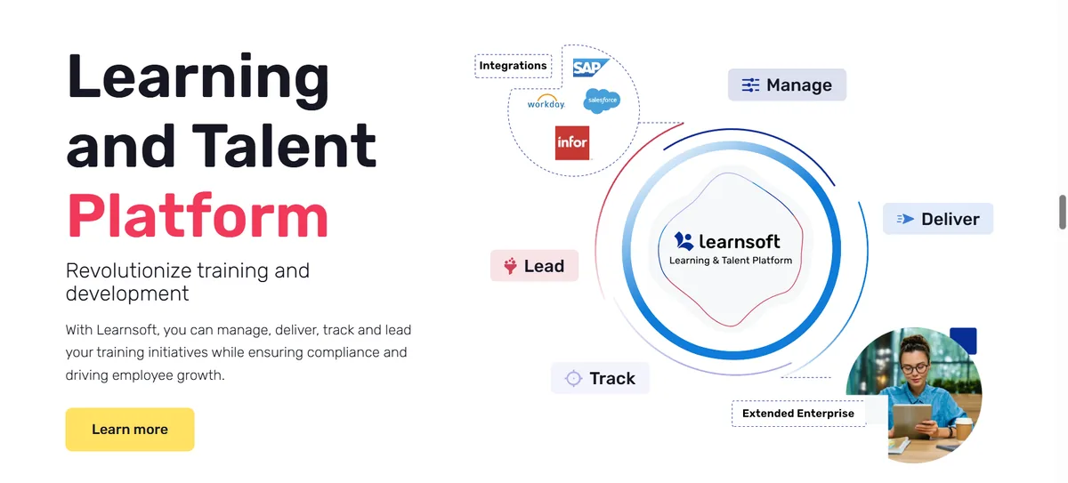 Learnsoft Learning and Talent Platform overview showing manage, deliver, track and lead capabilities with HR integrations