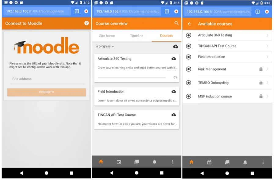 Moodle mobile app screens showing site connection, course overview and the available courses list